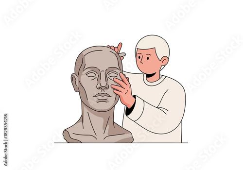 Sculptor molds grey bust with hands. Creative process, artistry, sculpture creation, artist at work, craftsmanship, sculpting techniques inspiration.