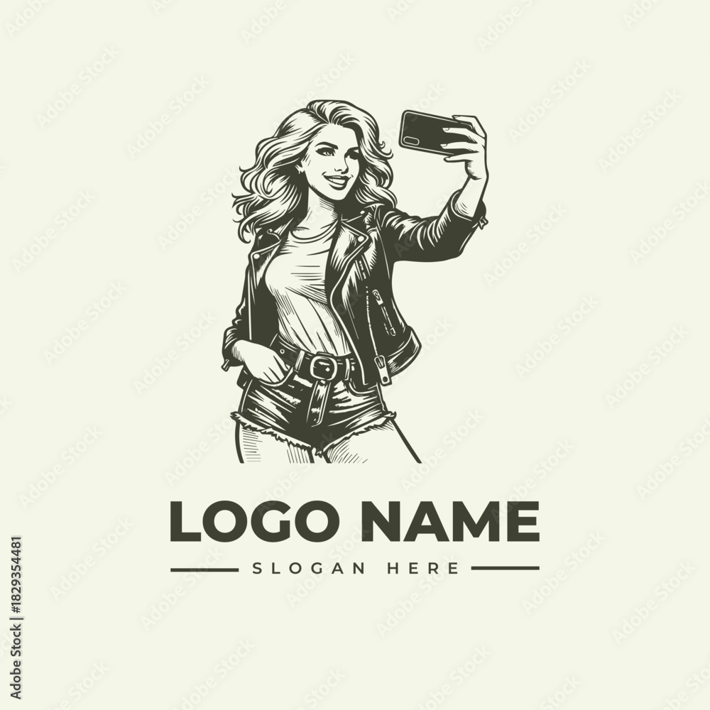 Fototapeta premium Retro woman taking a selfie with a smartphone, a detailed engraving style vector logo illustration for a brand