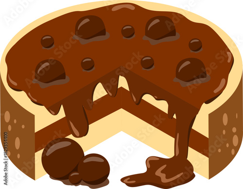 Chocolate cake with a missing slice and topping, perfect for bakery menus, dessert blogs, social media posts, and food advertisements.