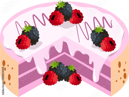 And appetizing cake adorned with pink frosting, raspberries, and blackberries. Ideal for bakery promotions, dessert menus, and food blogs.