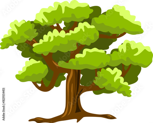 Large cartoon tree with green leaves and brown trunk. Perfect for childrens book illustrations, naturethemed designs, and environmental campaigns.
