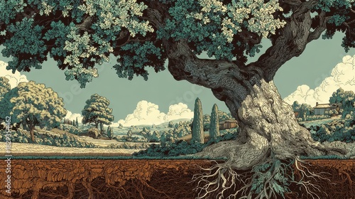 Pixelated Landscape with a Large Tree in a Field Under a Cloudy Sky