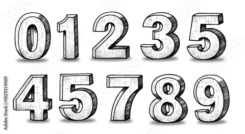 Hand Drawn Numbers Zero to Nine in Sketch Style.