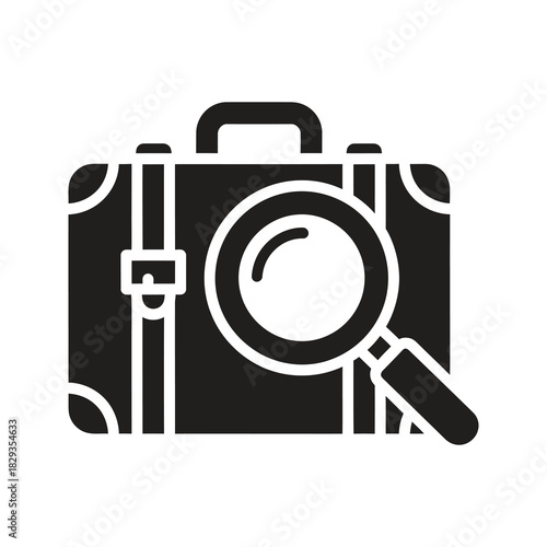 Black solid icon of a travel suitcase being examined by a magnifying glass.