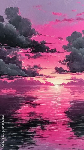 Pixelated Sunset Reflection Over Water Surface With Pink Sky And Dark Clouds