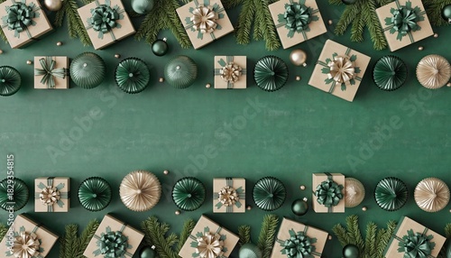 Festive Christmas Decorations on Green Background with Gifts and Ornaments.