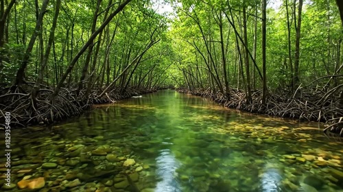 Tranquil Forest Canal Scene With Greenery Canopy And Clear Water Sunlight Illumination