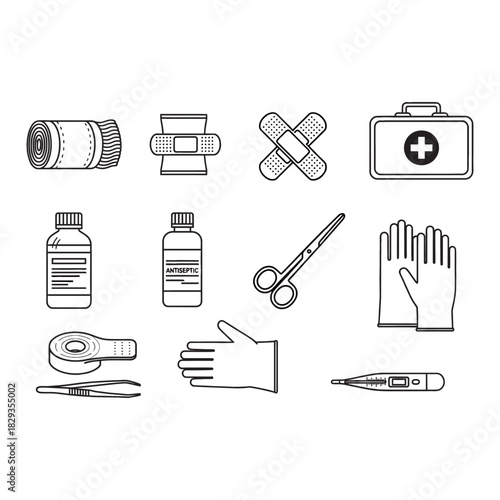 Line art illustration of various medical and first aid supplies, including bandages, scissors, gloves, and a first aid kit.
