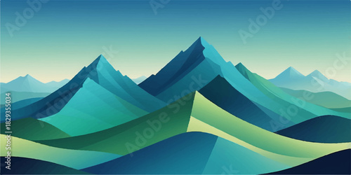 Bold gradient mountain forms arranged in a stylized abstract landscape illustration