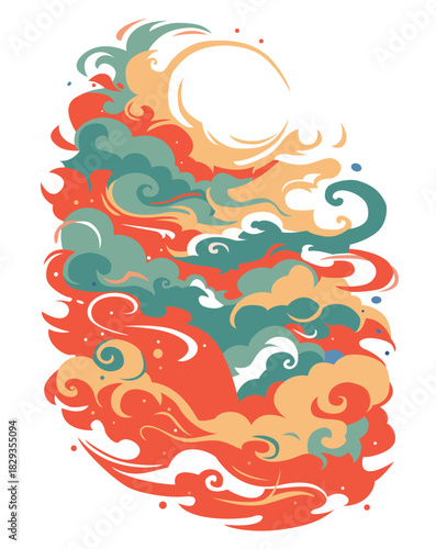 Hand-drawn Chinese-style illustration with flowing auspicious clouds