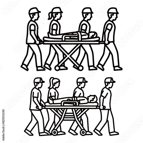 Line art illustration of a medical team carrying a patient on a stretcher.