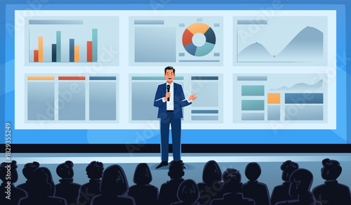 Male speaker delivers a presentation in a hall to a large audience. Business training or corporate meeting. Vector illustration