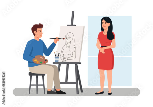 Artist painting portrait of woman by a window. Suitable for art, creativity, painting, and portrait concepts. Ideal for marketing ads.