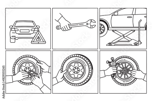 Step-by-step guide illustrating the process of changing a flat car tire, from setting up safety to replacing the wheel.
