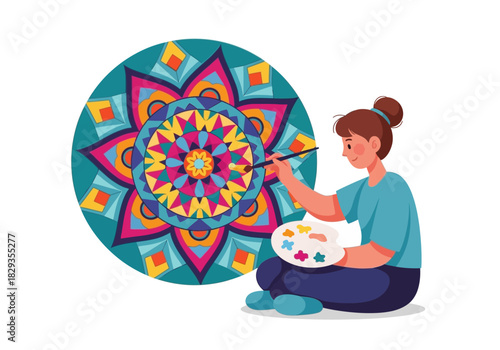 Person painting a mandala on teal background, vibrant colors, intricate design. Suitable for mindfulness, art therapy, meditation, home decor.