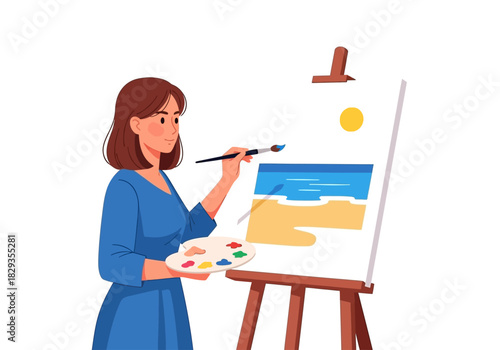 Woman paints a sunny beach scene on a canvas easel. Suitable for art blogs, summer advertisements, or creative design projects.