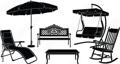 Collection of outdoor garden furniture silhouettes including swing chair, umbrella, bench, rocking chair, recliner, and table for patio decoration