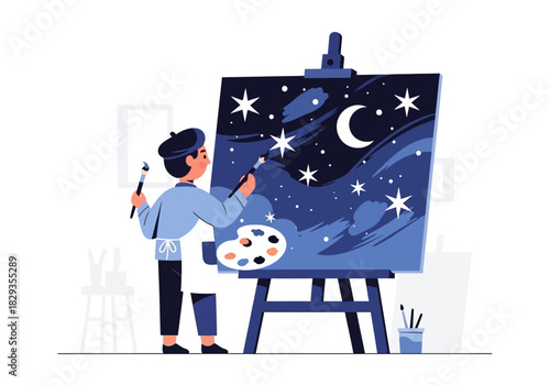 Mystical painting capturing a starry night sky with a large moon. Ideal for celestialthemed designs, backgrounds, and inspirational projects.