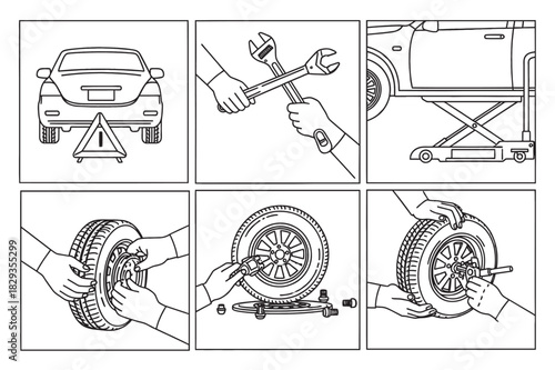 Step-by-step guide on how to change a flat tire on a car, illustrating the process from preparation to replacement.