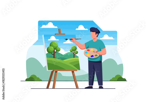 Painter creating outdoor landscape scene suitable for art, creativity, nature, painting, artist, canvas, inspiration, outdoors, and freelance concepts.