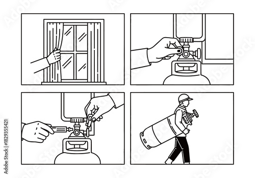 Illustrative guide on gas cylinder safety procedures: ventilating, shutting off, disconnecting, and removing.