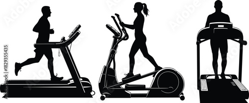 Silhouette of people exercising on treadmill and elliptical machines in gym environment, representing fitness training, cardio workout, healthy lifestyle, endurance, and active movement
