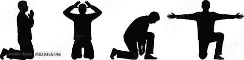 Silhouette of men kneeling in emotional expressive poses, showing prayer, stress, exhaustion, relief, hope, and human feelings in dramatic minimal style