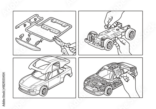 Step-by-step illustration of assembling a plastic model car kit, showing parts being cut, chassis assembly, body placement, and final details.