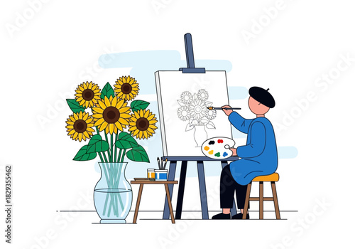 Artist painting sunflowers with palette in hand, showcasing creativity and passion. Perfect for artrelated designs or promoting artistic events.