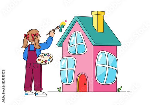 Girl painting a pink house with a green roof and chimney. Perfect for home improvement and diy projects.