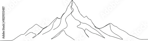 One continuous line drawing of mountain range landscape. Top view of mounts in simple linear style. Adventure winter sports concept isolated on white background. Doodle vector illustration