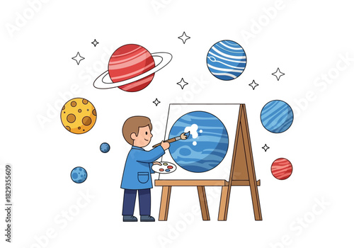 Boy painting planets on canvas in space, surrounded by stars. Ideal for educational materials, science fiction book covers, or spacethemed designs.