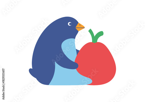 Blue penguin holding red strawberry suitable for food blogs, summer designs, funky illustrations, cute prints, and nature themes.