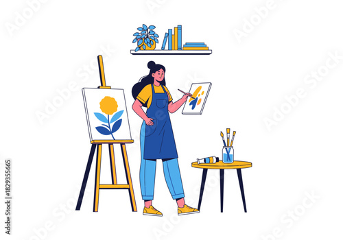 Woman painting vibrant blue and yellow flower on canvas. Perfect for art classes, painting tutorials, floral themes, creativity concepts.