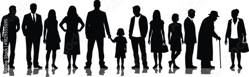 Silhouettes of diverse people standing in a row representing various ages, genders, lifestyles, and generations with reflection on white background