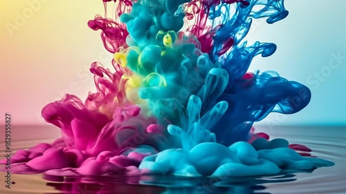 Abstract Ink Explosion in Water with Vivid Colors Creating Dynamic Forms and Ripples Against a Gradient Background