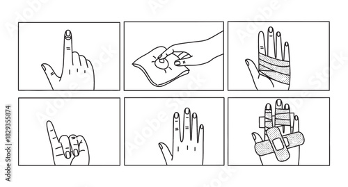 A series of six monochrome illustrations depicting various hand injuries, first aid applications, and bandaged hands, showing the process of care and healing.