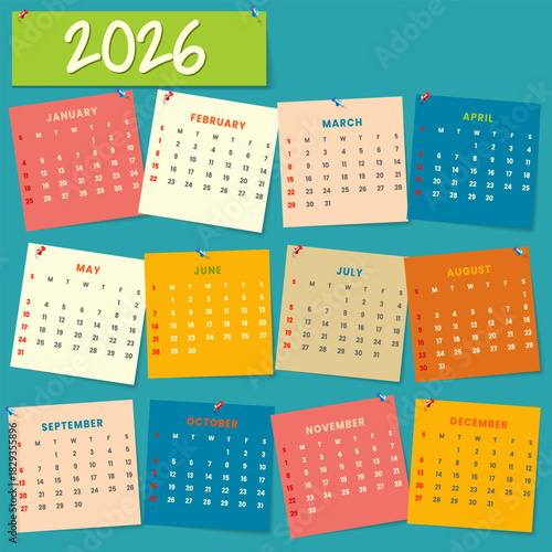 Colorful Sticky Note Style 2026 Calendar Layout