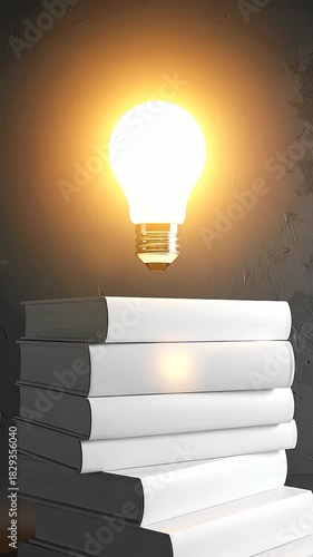 Stack Of White Books With Glowing Light Bulb Above In Dark Room Symbolizing Knowledge And Innovation