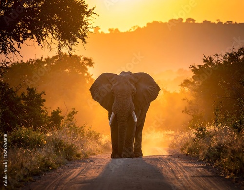 An African elephant strides towards the viewer along a dirt road at sunset