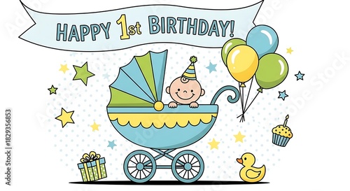 Happy First Birthday Celebration with Baby in Stroller and Balloons.