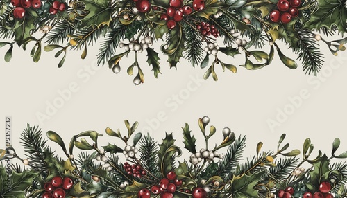Festive Botanical Border - Holly, Berries, Mistletoe, and Evergreen Foliage.