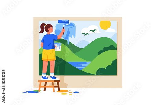 Woman on a stool painting a serene landscape perfect for art blogs, posters, and creative projects.