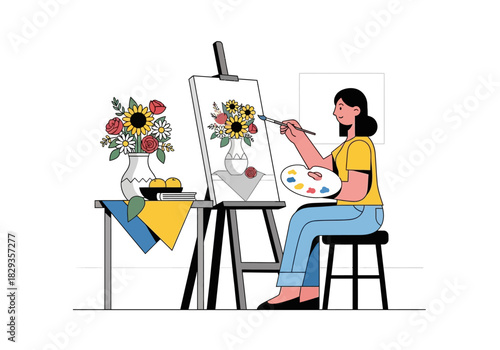 Woman artist creates beautiful sunflower still life in vase. Suitable for art, creativity, painting, hobby, floral, home decor concepts.