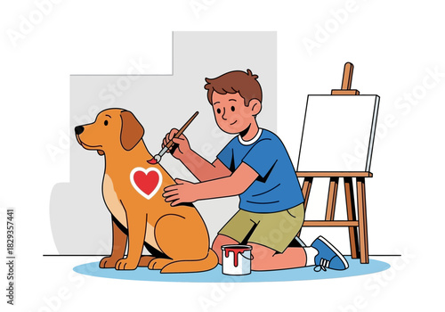 Boy painting a red heart on a dog, suitable for petthemed designs, valentines day illustrations, and childrens art projects.