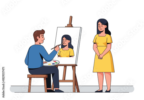 Portrait painter creating art of woman in yellow attire. Suitable for art classes, creative workshops, portrait photography guides, and artistic blogs.