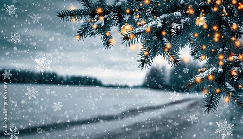 Winter wonderland scene with snow and Christmas tree lights.