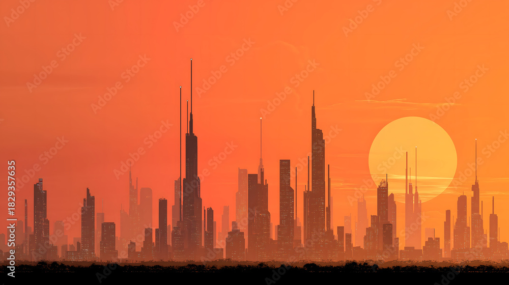 Fototapeta premium skyline at sunset, futuristic design
