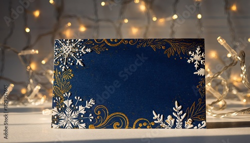 Elegant Christmas Card with Snowflake and Golden Decorations.