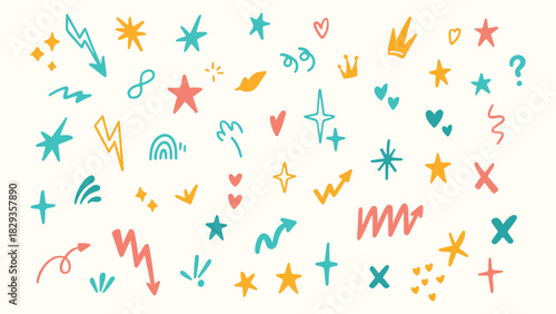 Set of cute line doodle design elements. vector art and and illustration. Colorful arrow, crown, bling, twinkle, star, heart, lightning shapes. Kid, Birthday celebration confetti background 